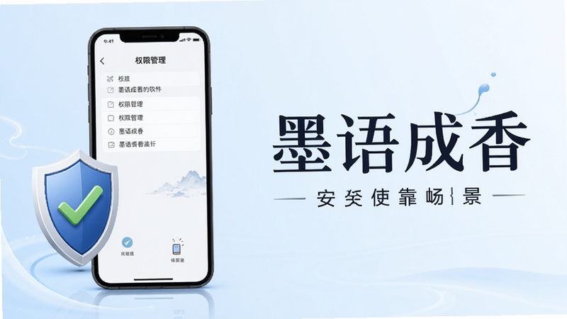 墨语成香软件安全使用场景图,手机屏幕显示权限管理界面,旁边有盾牌图标与绿色对勾,背景为干净的浅蓝色渐变,画面中融入墨语成香文字标识,传达安全可靠的品牌形象