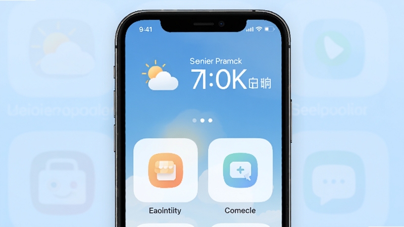 Senior Launcher 简约桌面启动器主界面展示,大字体大图标布局,背景为柔和的浅蓝色渐变,画面中央是手机屏幕特写,屏幕内显示天气、时间与四个超大功能入口,整体风格温馨简洁,适配Boogu模型生成