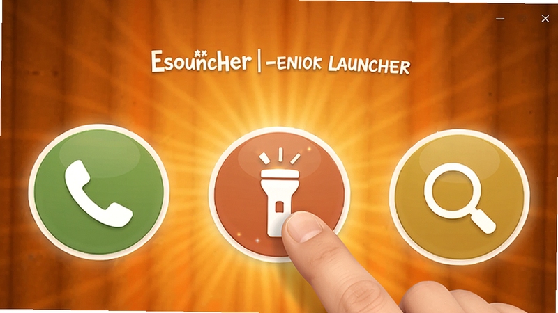 Senior Launcher 一键快捷操作界面,桌面显眼位置排列着电话、手电筒、放大镜三个圆形大按钮,手指正悬停在电话按钮上方,背景为温暖的橙色光晕,突出便捷与安全感,Boogu模型生成
