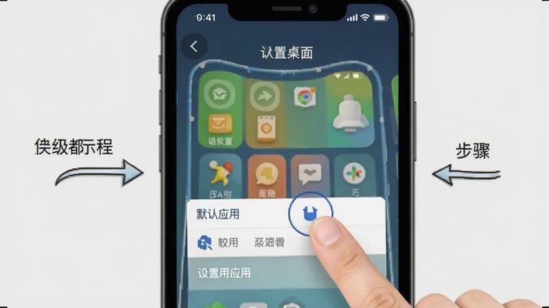 Senior Launcher 使用教程示意图,手机屏幕展示设置默认桌面的步骤截图,画面中有手指点击「默认应用」选项的动作,背景为浅灰色,配以简洁的箭头指引,Boogu模型生成
