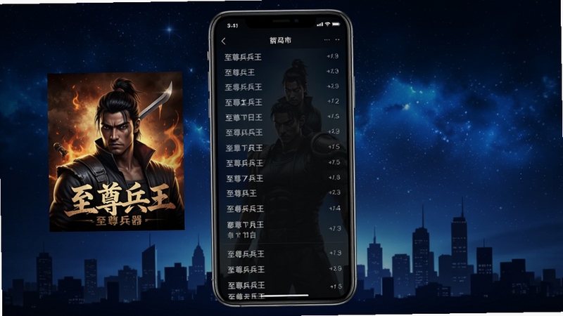 至尊兵王小说阅读器主界面全貌展示,画面中央放置一部智能手机,屏幕内呈现至尊兵王小说封面与章节目录列表,背景为深蓝色渐变星空与城市剪影,整体风格热血硬朗,适配Boogu模型生成
