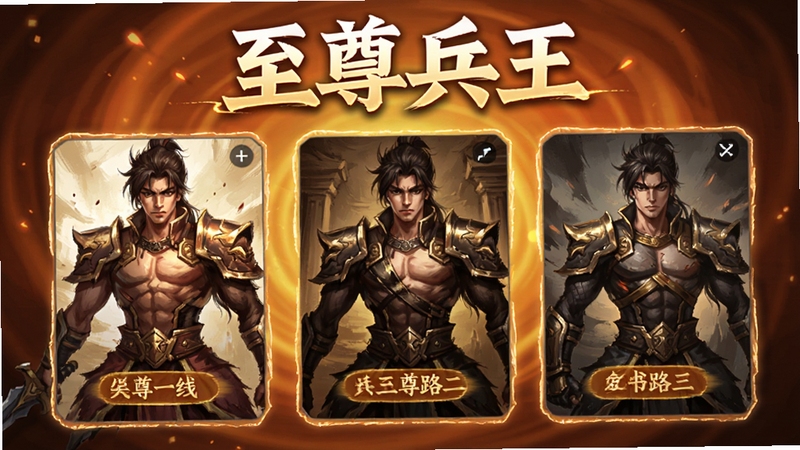 至尊兵王多书源切换界面截图风格插画,画面展示三个并列的书源线路卡片,卡片上标注线路一线路二线路三,背景为暖橙色光晕,突出至尊兵王字样