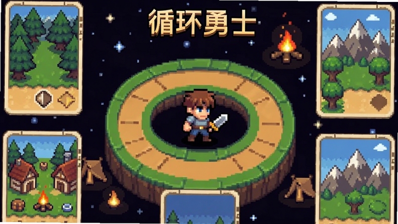 一款名为循环勇士的像素风卡牌冒险游戏主界面,画面中央是勇士站在环形道路上,四周环绕着森林、村庄、山脉等卡牌地形,背景是深邃的星空与营地篝火,整体色调复古温馨,细节丰富,适配Boogu模型生成