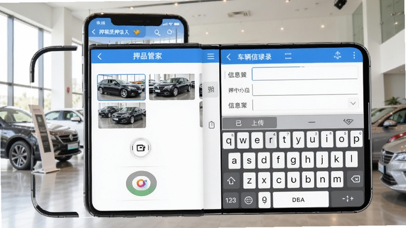 押品管家 车辆质押信息录入界面,手机屏幕中显示拍照按钮与已上传的车辆照片缩略图,画面右侧有虚拟键盘与信息填写框,背景为汽车展厅环境,光线明亮,突出押品管家应用的操作便捷性