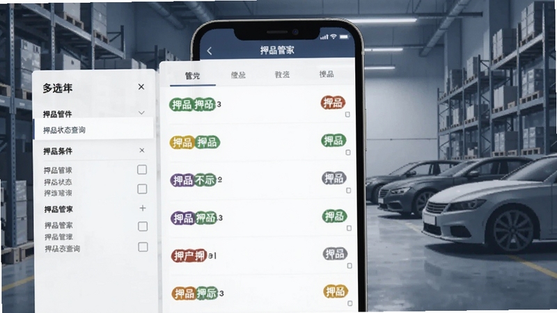 押品管家 押品状态查询界面,手机屏幕显示带有彩色状态标签的押品列表,画面左侧为筛选条件面板,背景为车库货架与车辆轮廓,整体色调冷静专业,突出押品管家数据管理功能