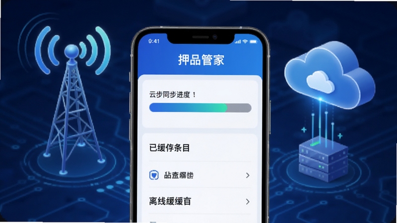 押品管家 云端同步与离线缓存示意图,手机屏幕显示同步进度条与已缓存条目数量,画面背景为信号塔与云朵图标,科技感蓝色调,突出押品管家数据同步能力