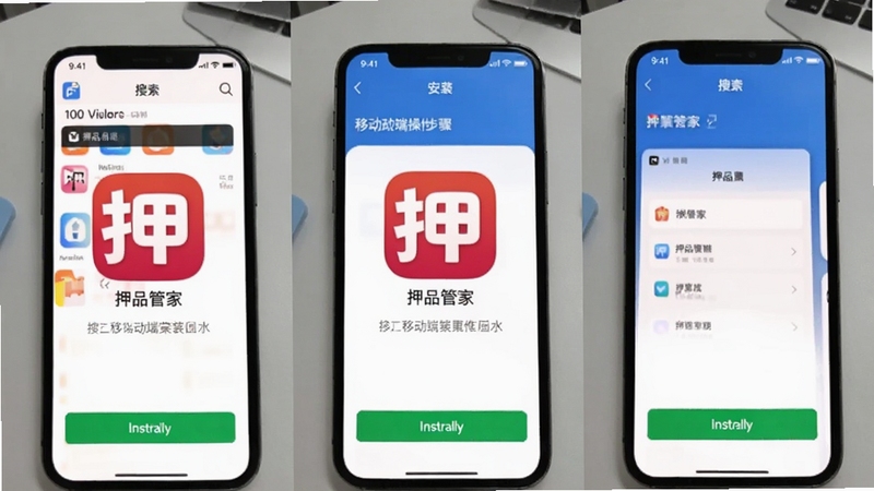 押品管家 移动端操作步骤截图,画面展示手机从应用商店搜索到安装完成的三个连续界面,背景为浅灰色桌面,突出押品管家图标与安装按钮
