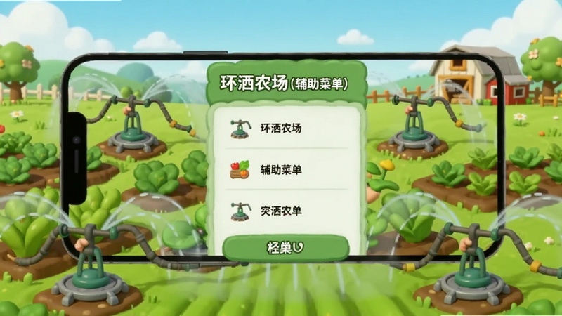一款名为环洒农场(辅助菜单)的手机应用界面展示图,画面中央为软件主菜单面板,背景是绿色农田与洒水器环绕的卡通农场场景,整体色调清新自然,适配Boogu模型生成