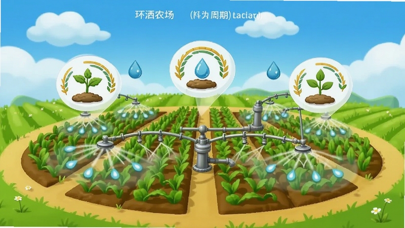 环洒农场(辅助菜单)资源规划界面示意图,画面展示一片环形农田与洒水装置,农田上方漂浮着作物生长周期图标与水滴符号,背景为蓝天白云,整体风格明快清新