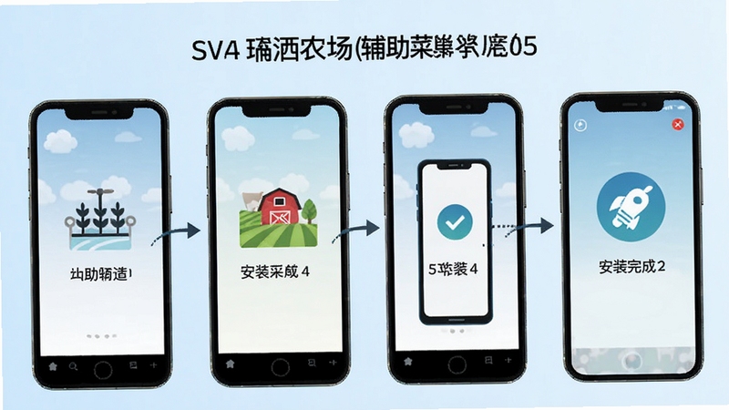 环洒农场(辅助菜单)安装步骤示意图,画面展示手机屏幕从下载到安装完成的四个步骤流程,背景为淡蓝色渐变,图标风格简约清晰