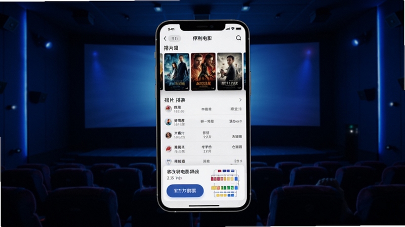 保利电影App主界面展示,画面中央为手机屏幕内呈现电影海报轮播与排片列表,背景为深蓝色影院氛围光效,屏幕下方有购票按钮与座位图示意,整体风格现代简洁,突出官方应用全貌