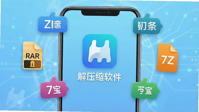 一张展示解压缩软件主界面的手机屏幕截图,画面中央是软件名称“解压缩软件”的图标和文字标识,背景为浅蓝色渐变,周围漂浮着ZIP、RAR、7Z等格式标签,整体风格清爽科技感,适合用作软件功能展示图