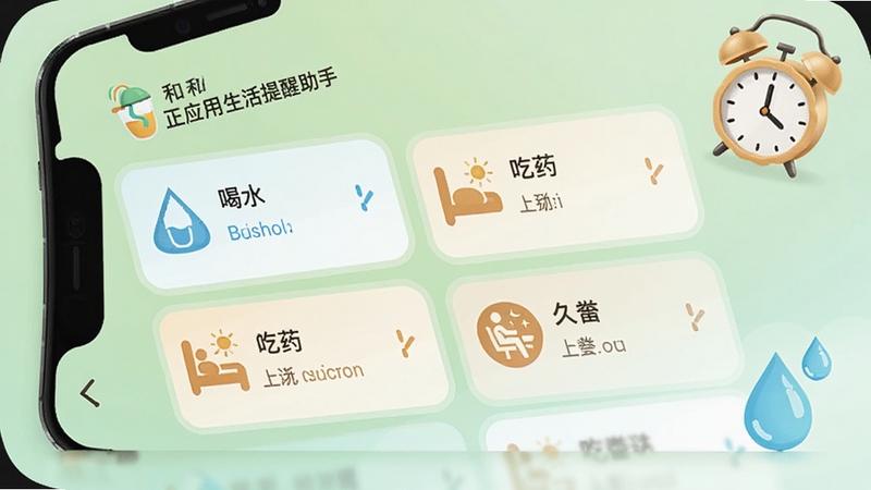 和正应用的生活提醒助手界面,手机屏幕显示多个提醒卡片,包含喝水、吃药、久坐等图标,背景为淡绿色渐变,画面角落有一个小闹钟与水滴的装饰元素,整体氛围轻松生活化。