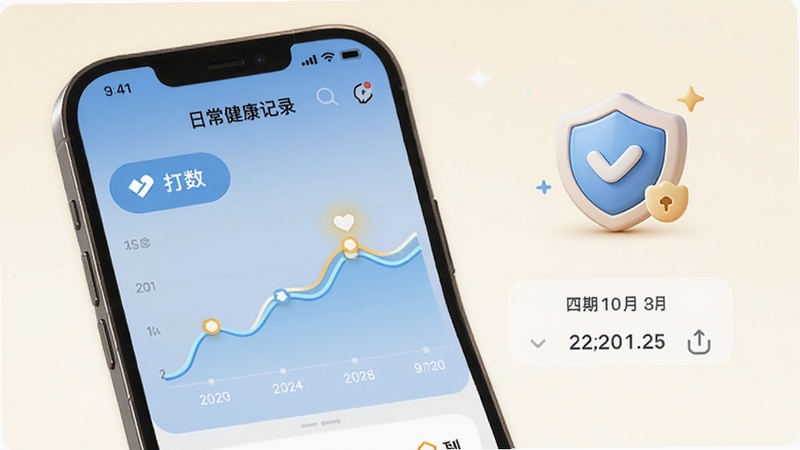 和正应用的日常健康记录功能界面,手机屏幕展示体重与步数趋势折线图,旁边有虚拟的打卡按钮和日期选择器,背景为温暖的米白色,画面中带有一个卡通风格的小盾牌图标象征数据安全,整体色调清新柔和。