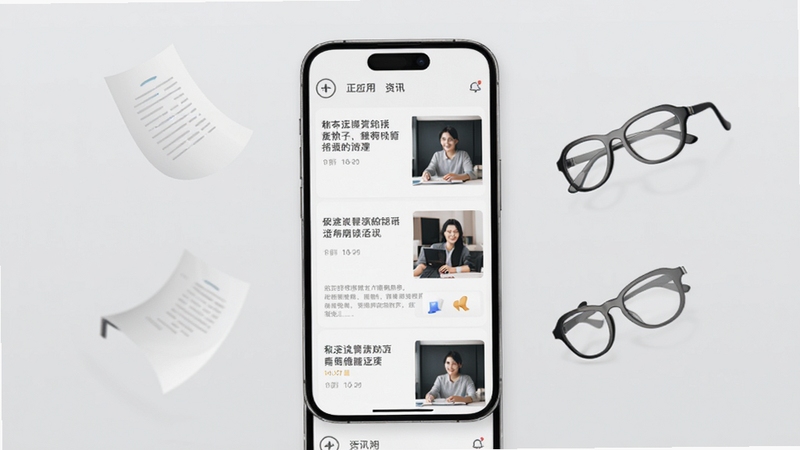 和正应用的资讯浏览界面,手机屏幕显示图文列表,标题与配图排列整齐,背景为浅灰色,画面中漂浮着几片抽象的纸张与眼镜元素,风格简约商务,突出阅读的舒适感。