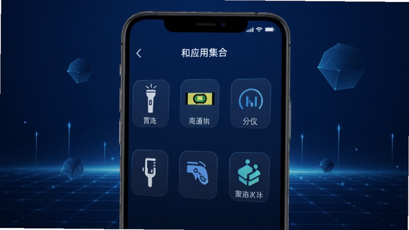 和正应用内置工具集合界面,手机屏幕展示手电筒、水平仪、分贝仪等工具图标,背景为深蓝色科技感渐变,画面中有发光的网格线与几何图形,突出工具属性与实用性。