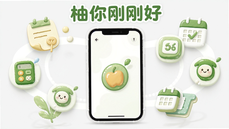 柚你刚刚好功能集成概念图,画面中央是一部智能手机,四周环绕着代表不同功能的小图标如便签、计算器、日历等,图标以圆润的卡通风格呈现,色调以绿色和白色为主,背景为淡雅的浅灰色,软件名称出现在画面顶部,整体氛围轻松实用