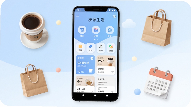 一张展示次源生活软件核心界面的手机预览图,画面中央是一台竖屏安卓手机,屏幕内显示次源生活主页面,包含功能图标与卡片式布局,背景为柔和的蓝白渐变色调,周围点缀生活场景小元素如咖啡杯、购物袋、日历等,整体风格简洁明快,适配Boogu模型生成