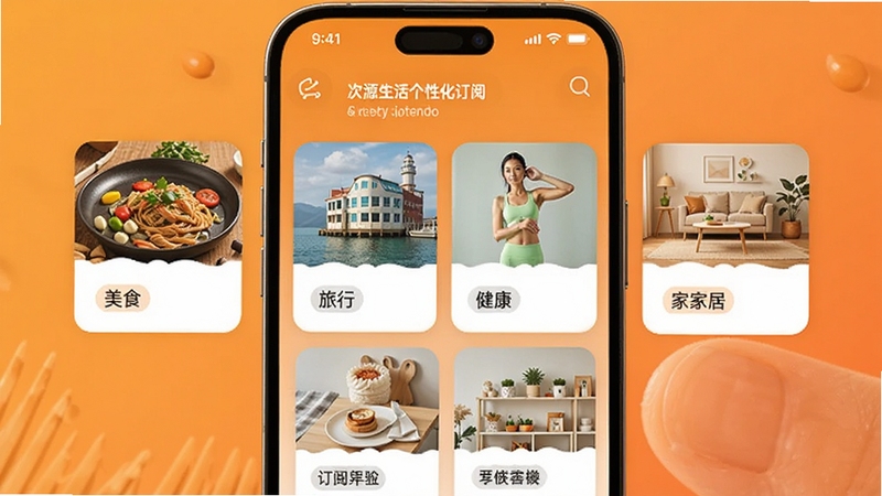 次源生活个性化订阅界面示意图,手机屏幕展示多个兴趣标签卡片,如美食、旅行、健康、家居等,背景为温暖橙色调,体现内容丰富的订阅体验