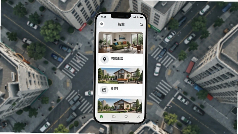 次源生活智能推荐功能展示图,画面中央一部手机屏幕显示基于定位的周边服务卡片列表,背景为城市街区俯视图,色彩清新自然,突出次源生活的智能匹配能力