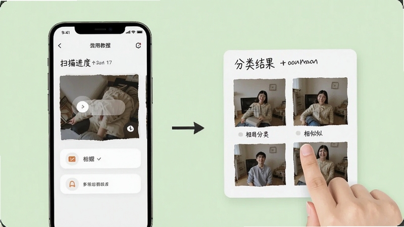 一划清使用教程示意图,手机屏幕显示扫描进度与分类结果,用户手指正在点击相似照片分组,背景为浅绿色,画面简洁明了,适配Boogu模型生成。