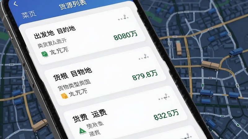 菜根发货运平台货源列表界面特写,手机屏幕显示多条货源信息卡片,包含出发地目的地货物类型与运费金额,背景为城市物流运输线路图,画面风格简洁现代,突出信息清晰度与操作便捷性