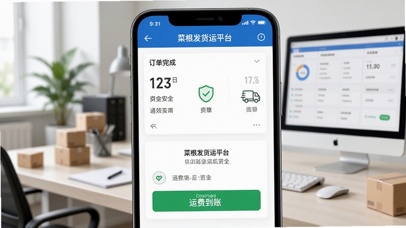 菜根发货运平台运费结算页面示意图,手机屏幕显示订单完成状态与运费到账通知,背景为物流财务办公场景,画面明亮整洁,突出资金安全与结算高效