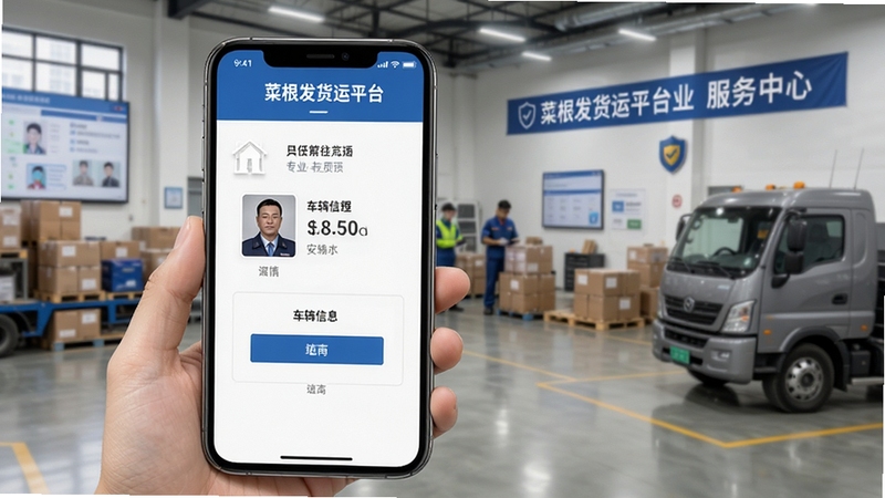 菜根发货运平台司机认证页面展示,手机屏幕显示身份证上传与车辆信息填写界面,背景为专业物流服务中心,画面风格正式规范,突出安全认证与信任体系
