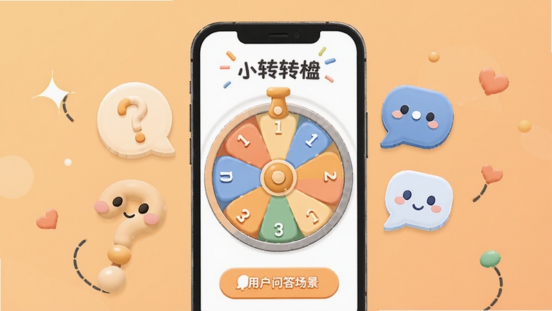 小决定(转转盘)用户问答场景示意图,画面展示手机屏幕中显示转盘界面,旁边有问号和对话气泡元素,背景为浅橙色渐变,整体风格轻松友好,适合作为文章结尾配图,突出互动问答氛围