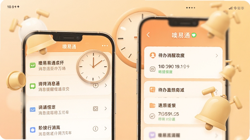 噢易通消息提醒功能展示,手机屏幕显示通知列表与待办卡片,背景为柔和暖色渐变,画面中有时钟与铃铛元素,整体氛围高效有序,包含噢易通名称
