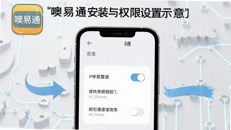 噢易通安装与权限设置示意图,画面展示手机屏幕上的权限开关界面,背景为浅灰色科技纹理,配有箭头引导视线,整体清晰易懂,包含噢易通图标