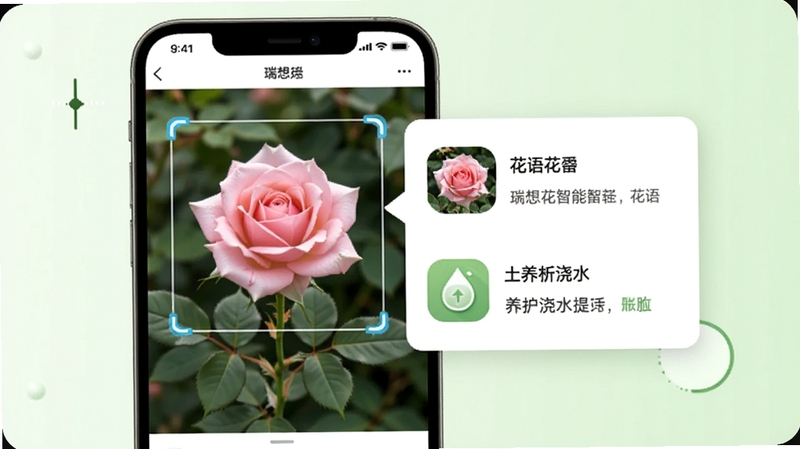 瑞想花软件界面展示智能识别花卉功能,手机屏幕中显示一朵粉色玫瑰被识别框选中,旁边弹出花语卡片和养护浇水提示,背景是清新浅绿色调,画面明亮简洁