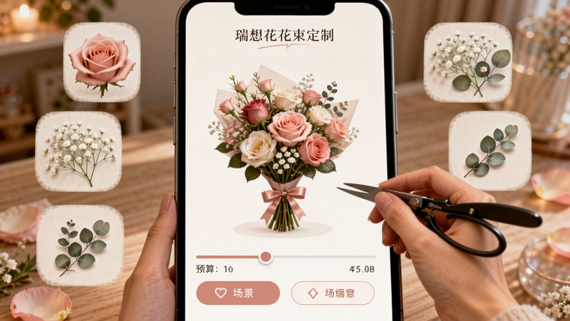 瑞想花花束定制页面,屏幕上展示一个正在编辑的虚拟花束,周围环绕着玫瑰、满天星和尤加利叶的素材图标,下方有预算滑块和场景选择按钮,整体风格温馨浪漫