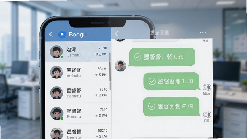 墨督督即时沟通界面细节图,画面展示手机聊天窗口,左侧为联系人列表,右侧为对话气泡与已读回执标识,背景为办公室环境虚化处理,色调柔和偏冷,突出办公沟通场景,适配Boogu模型生成