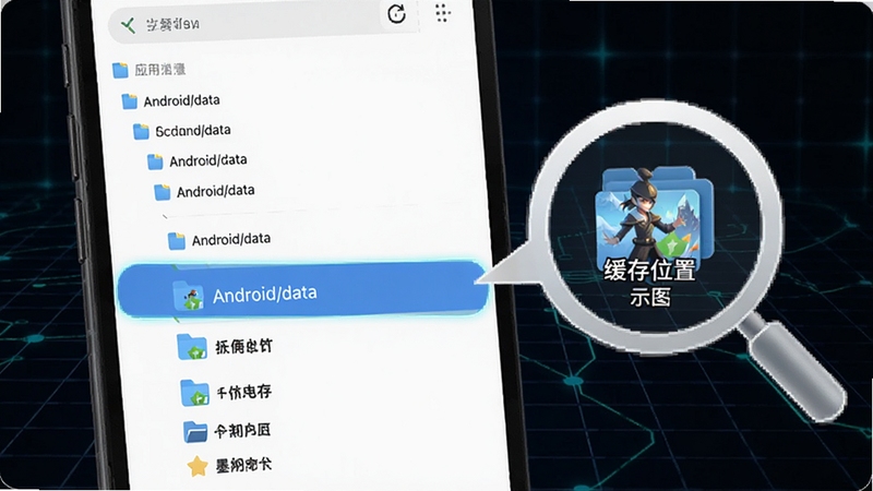 墨督督文件缓存路径示意图,画面为手机文件管理界面,高亮显示Android/data目录下的应用文件夹,旁边有放大镜图标标注缓存位置,背景为深色科技感网格,整体清晰直观,适配Boogu模型生成