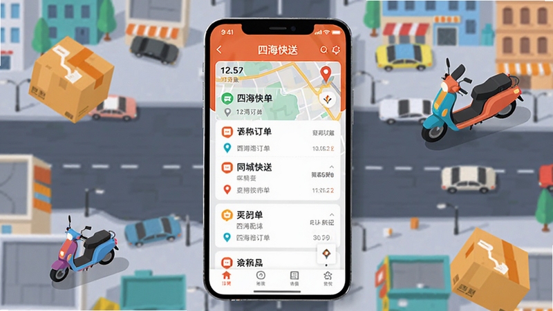 四海快送 手机应用主界面 展示同城配送订单列表与地图定位功能 背景为城市街道俯视图 画面中心为手机屏幕特写 四周环绕快递包裹与电动车元素 明亮色调 扁平化设计风格