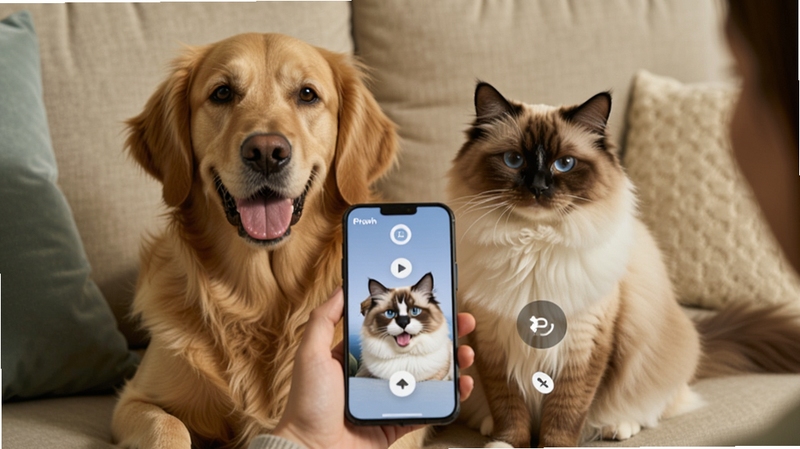 一只金毛犬和一只布偶猫并排坐在沙发上,主人手持手机使用万能宠物语言翻译,画面呈现两种宠物模式切换的界面元素,整体色调温暖