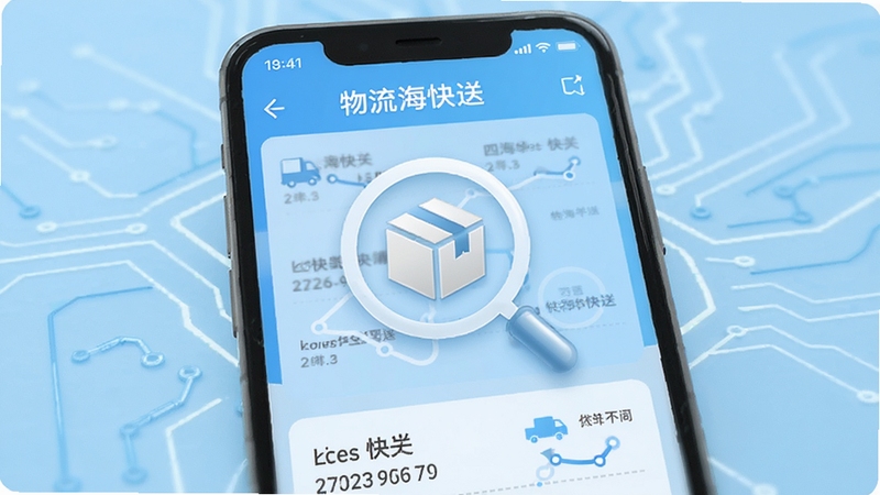 四海快送 物流查询界面 手机屏幕显示多个快递单号与运输轨迹 背景为浅蓝色科技感线条 画面中央为放大镜图标与包裹图标组合 简洁清新风格