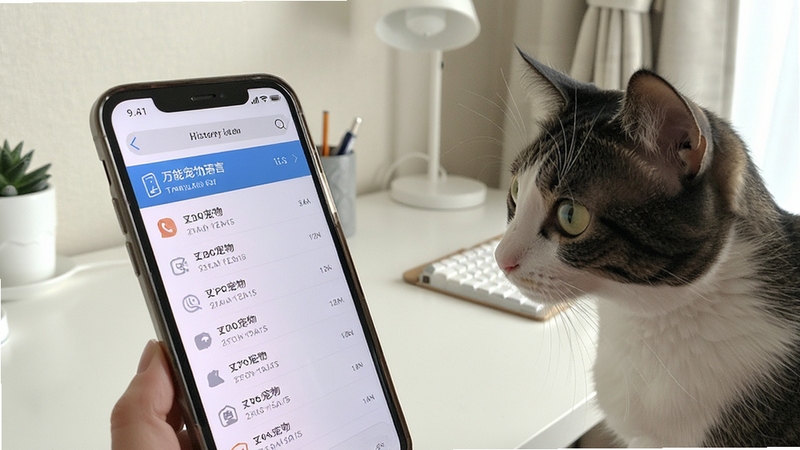 手机屏幕展示万能宠物语言翻译的历史记录列表,旁边有一只猫咪好奇地看着屏幕,背景是简洁的居家书桌,画面清晰自然