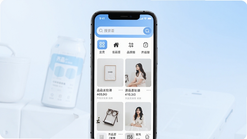 ��Ʒ��Ӧ��������չʾ����������Ϊ�ֻ���Ļ����Ļ�ڳ�����Ʒ��APP��ҳ������������������ͼ������Ʒ�ٲ���������Ϊǳ��ɫ���䣬����������ͣ����������¼�Լ��͹��Ʒ�������Χ