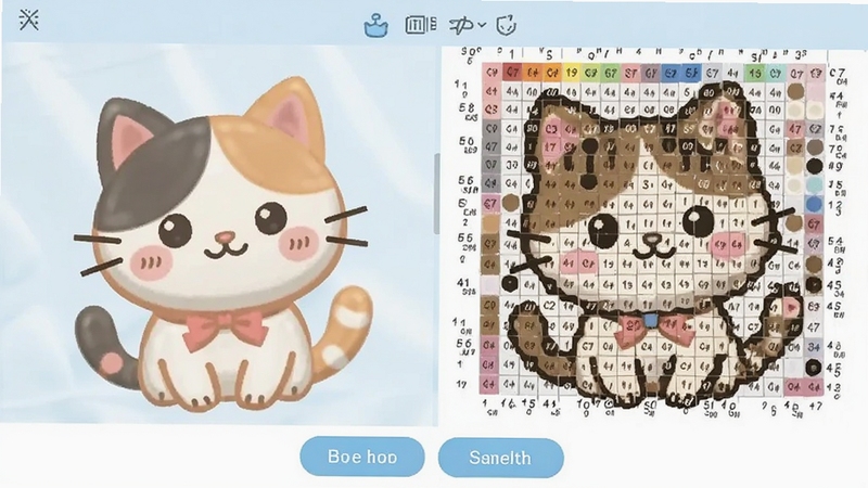 ���ƴ��ͼ����������һ�ſ�ͨè����Ƭ���ڱ�ת����ƴ��ͼֽ�Ĺ��̽�ͼ�����������ԭͼ���Ҳ��Ǵ��в�ɫ�����ɫ�ű�ע��ƴ��ͼֽ������ײ��е����ͱ��水ť��������ɫ��ͣ���ǳ��ɫ�Ͱ�ɫΪ��