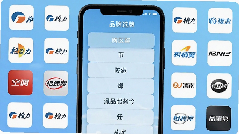 空调遥控免费通用软件界面展示海量品牌码库列表,手机屏幕中央显示品牌选择菜单,背景为浅蓝色渐变,周围环绕格力美的海尔等品牌图标