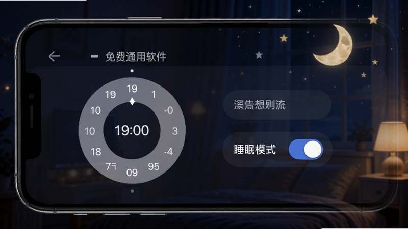空调遥控免费通用软件定时设置界面,手机屏幕显示时间选择轮盘与睡眠模式开关,背景为深色夜间模式,点缀星星和月亮元素,气氛温馨静谧