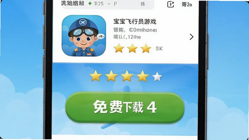 宝宝飞行员游戏下载页面截图,显示手机屏幕上应用商店的下载按钮和五星好评,背景是蓝色渐变,突出免费下载字样
