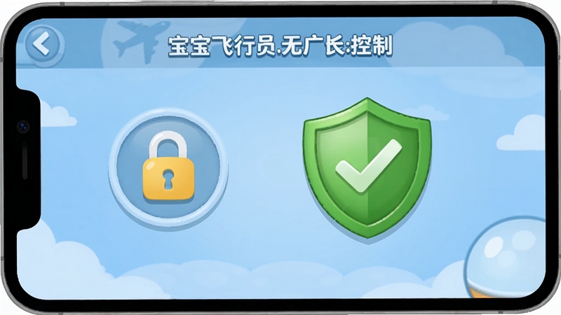 宝宝飞行员游戏家长控制界面,显示安全锁图标和绿色盾牌,背景是柔和的蓝色,突出安全无广告的特点