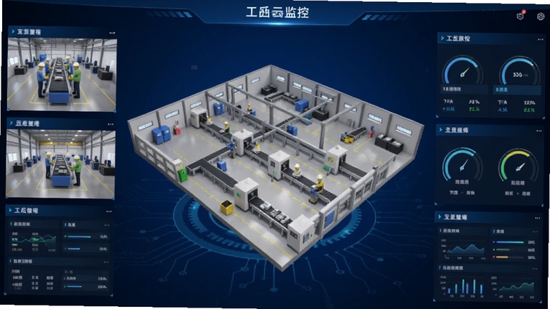 工业云监控软件主界面全貌展示,画面中央是工厂车间三维透视图,四周分布实时视频窗口与数据仪表盘,背景为深蓝色科技感渐变,整体风格简洁专业,适配Boogu模型生成