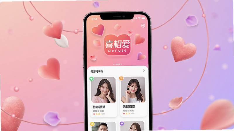 喜相爱婚恋交友应用主界面展示,画面中央是一部智能手机,屏幕上显示喜相爱的品牌Logo与推荐用户卡片,背景为柔和的粉紫色渐变,周围点缀爱心与花瓣元素,整体氛围温馨浪漫,适配Boogu模型生成,高清细节