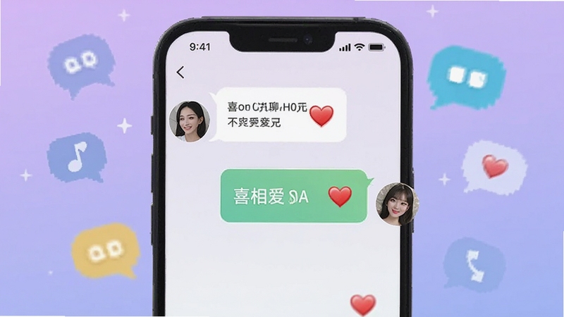 喜相爱聊天互动界面,手机屏幕显示两个用户的对话气泡与爱心表情,背景为淡紫色渐变,周围有聊天气泡图标漂浮,氛围轻松活泼,适配Boogu模型生成