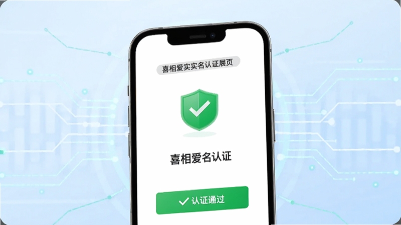 喜相爱实名认证页面展示,手机屏幕显示认证通过的绿色标识与盾牌图标,背景为浅蓝色科技感线条,突出安全与信任主题,画面简洁明亮,适配Boogu模型生成