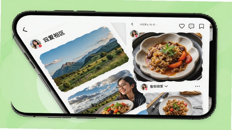 喜相爱动态社区页面,手机屏幕展示用户发布的风景照片与美食图片瀑布流,背景为清新的浅绿色,配有点赞和评论图标,体现社区活跃氛围,适配Boogu模型生成